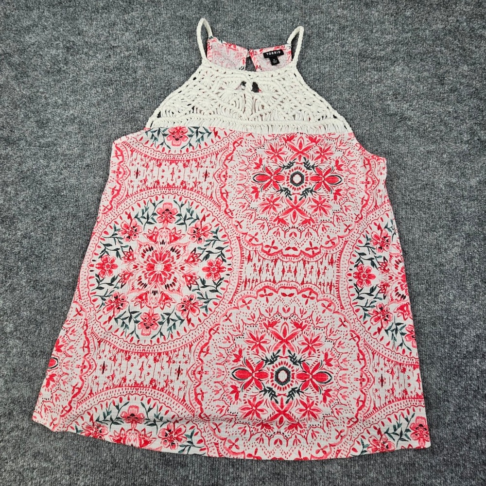 Torrid Cami Tank Top 0 L Large Pink White Geometric‎ Medallion Crochet Lace Trim